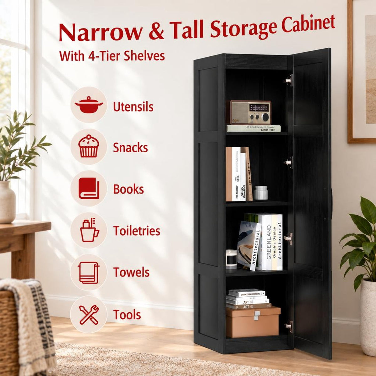 Airfind Tall Storage Cabinet with 4 Storage Shelves for Bathroom Living Room, 110 lbs Capacity, Engineered Wood MDF Frame, 16in x 15in x 59in Footprint