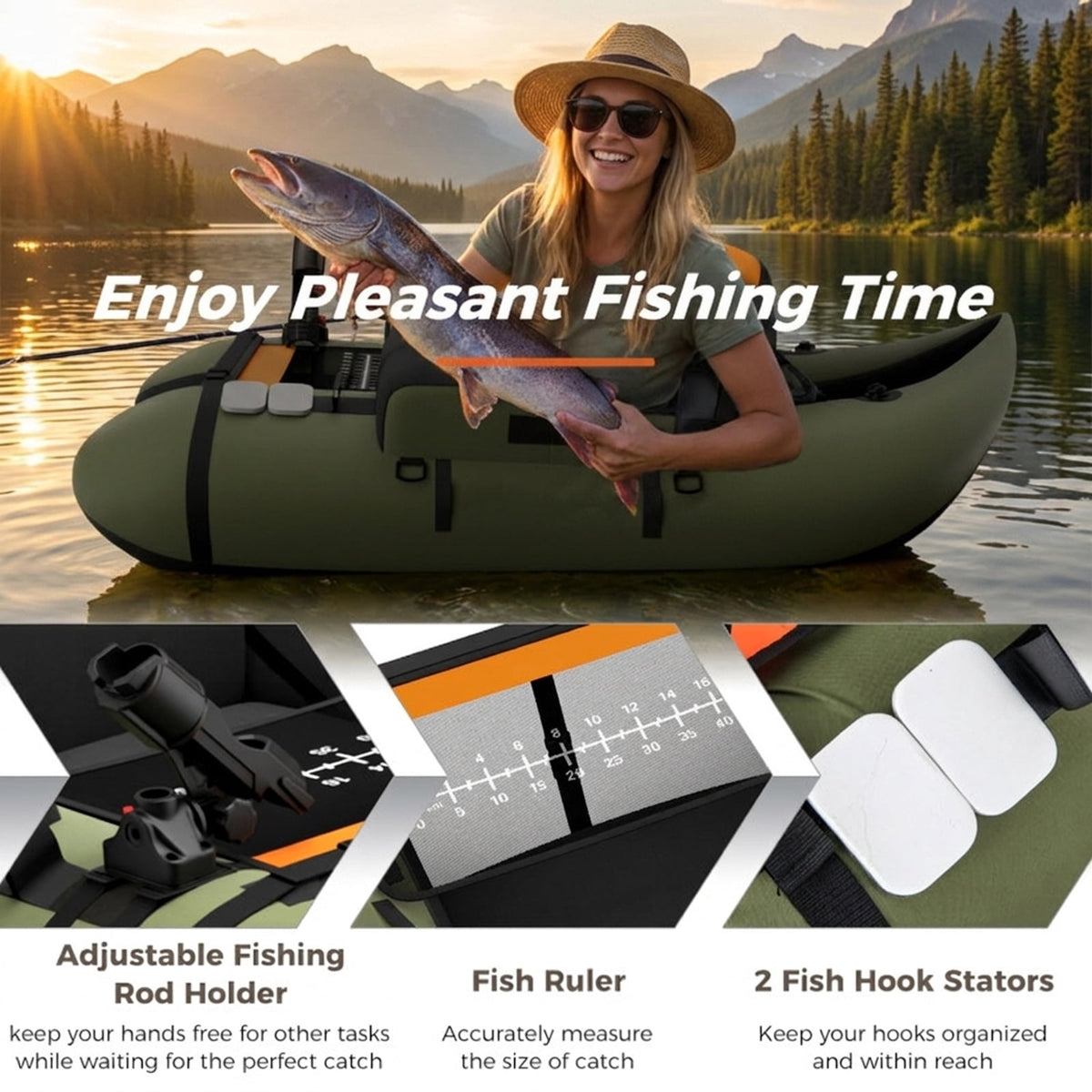 Airfind Inflatable Fishing Float Tube with foot pump and fish ruler plus mesh pockets and 350 lb heavy-duty PVC float seat for lake and pond bass fly fishing, Green