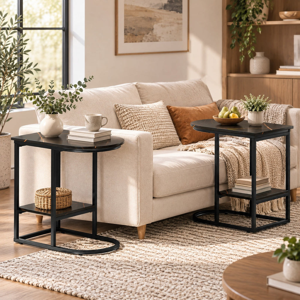 Airfind C-shaped Modern Sofa Side Table with Faux Marble Tabletop and Storage Shelf, 66 lbs Capacity, Engineered Wood Metal Frame, Black