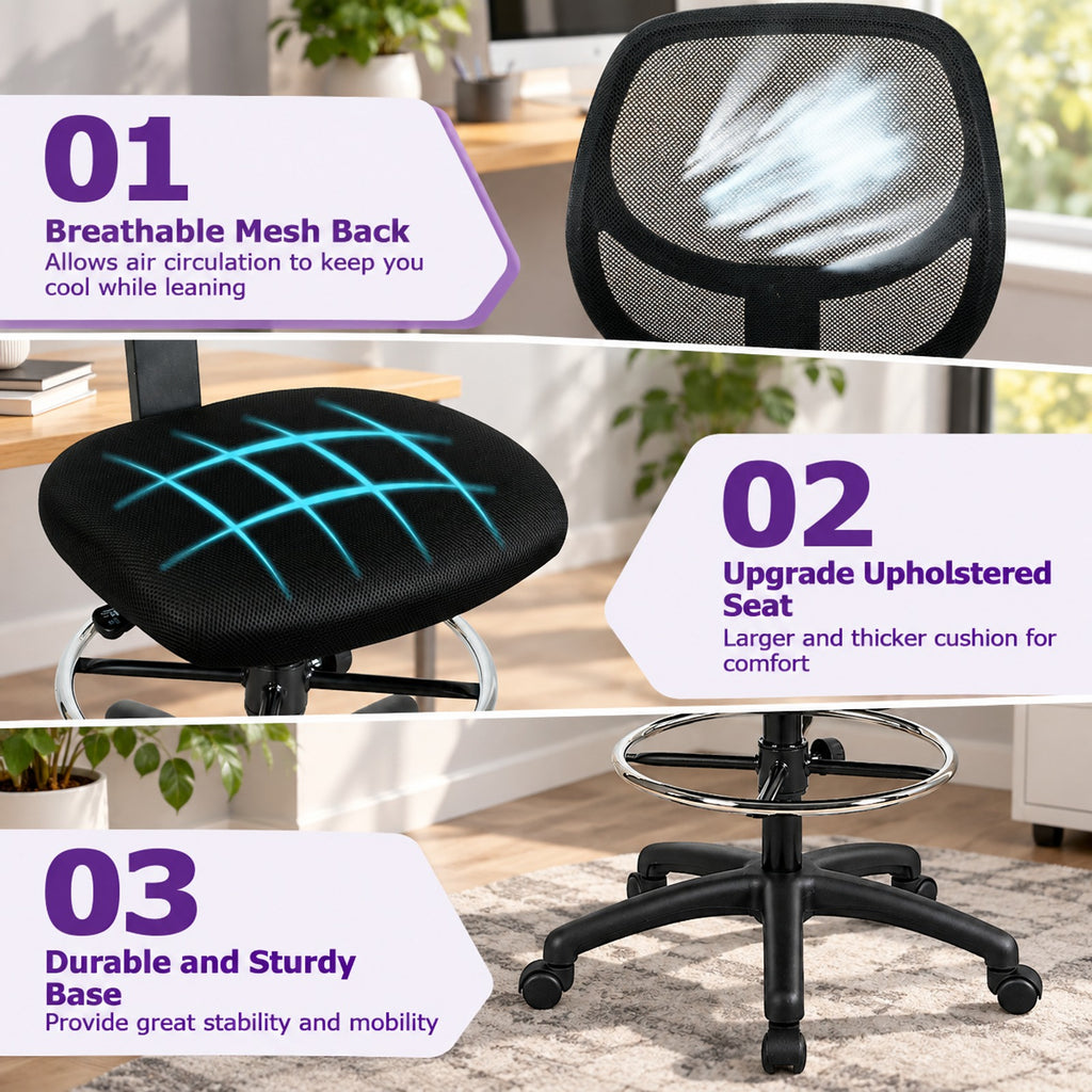 Airfind Adjustable Height Mid Back, Mesh Drafting Office Chair, 330 lbs Capacity, Mesh sponge plasticOverall Frame, BlackMain, Natural
