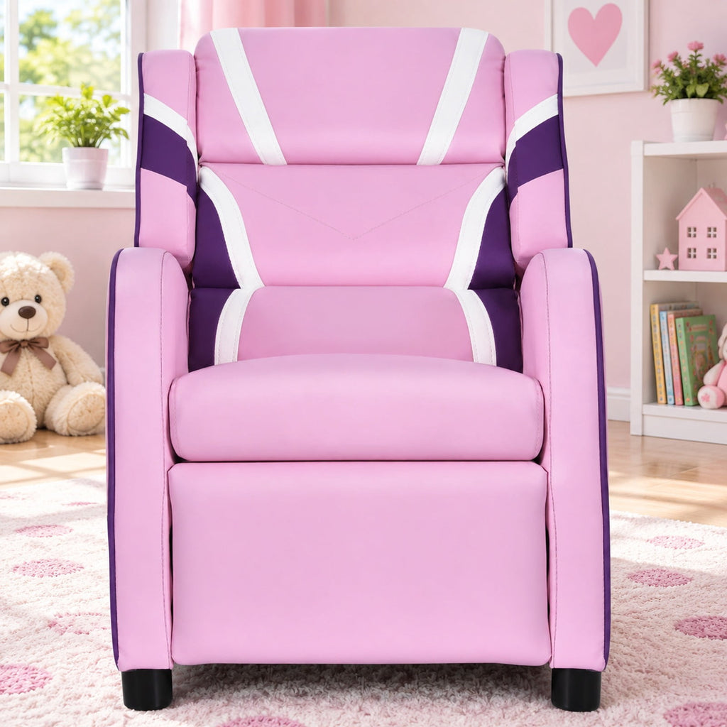 Airfind Kids Leather Recliner Chair with Side Pockets, Solid wood PU leather sponge plastic iron Frame, for 3-9 years old, Pink