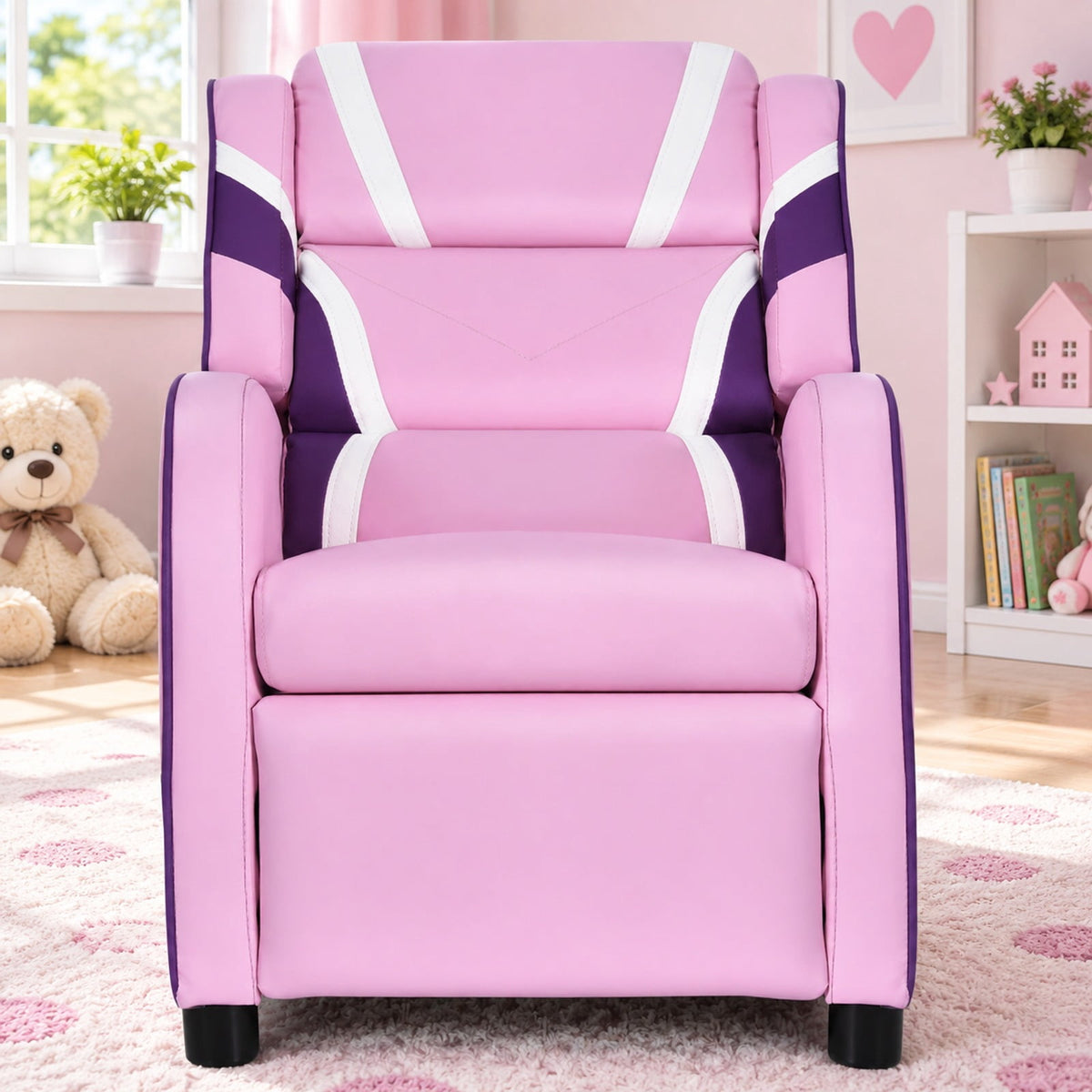 Airfind Kids Leather Recliner Chair with Side Pockets, Solid wood PU leather sponge plastic iron Frame, for 3-9 years old, Pink