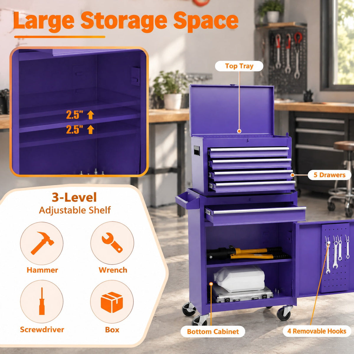 Airfind 2-in-1 Rolling Tool Chest with 5 Sliding Lockable Drawers, 220.5 lbs Capacity, Steel rubber-plastic synthetic Frame, Purple