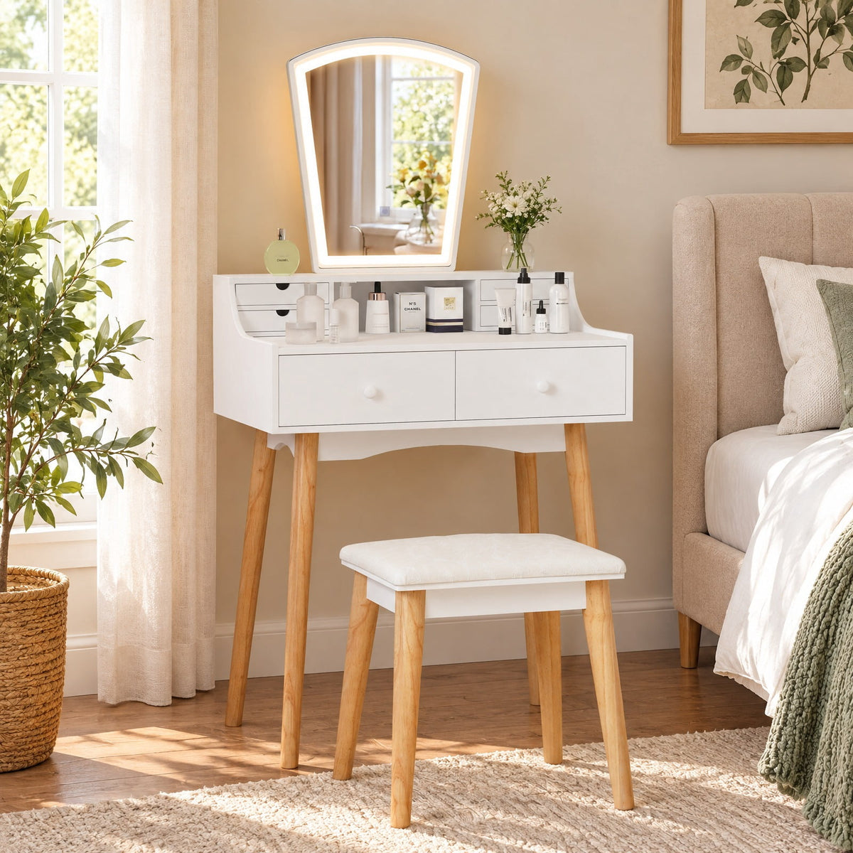 Airfind Vanity Desk Set with 3-Color Adjustable LED Lighted Mirror and Drawers, 110 lbs Capacity, P2 MDF Frame, 27in x 15.5in x 52in Footprint, White