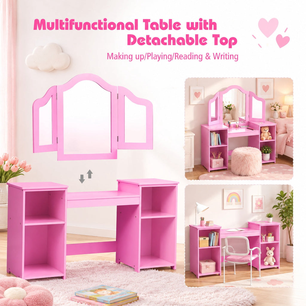 Airfind Kids Tri Folding Mirror Makeup Dressing Vanity Table Set, 220 lbs Capacity, MDF Plastic mirror Weight: 45 lbs Frame, Pink