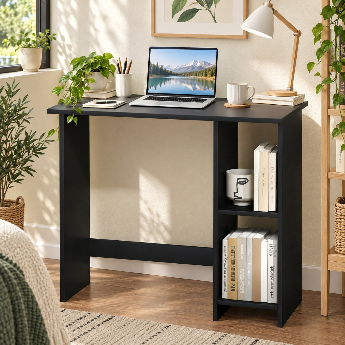 Airfind Small Computer Desk with Storage and Adjustable Shelf, Black, Reinforced crossbar ensures reliable structure