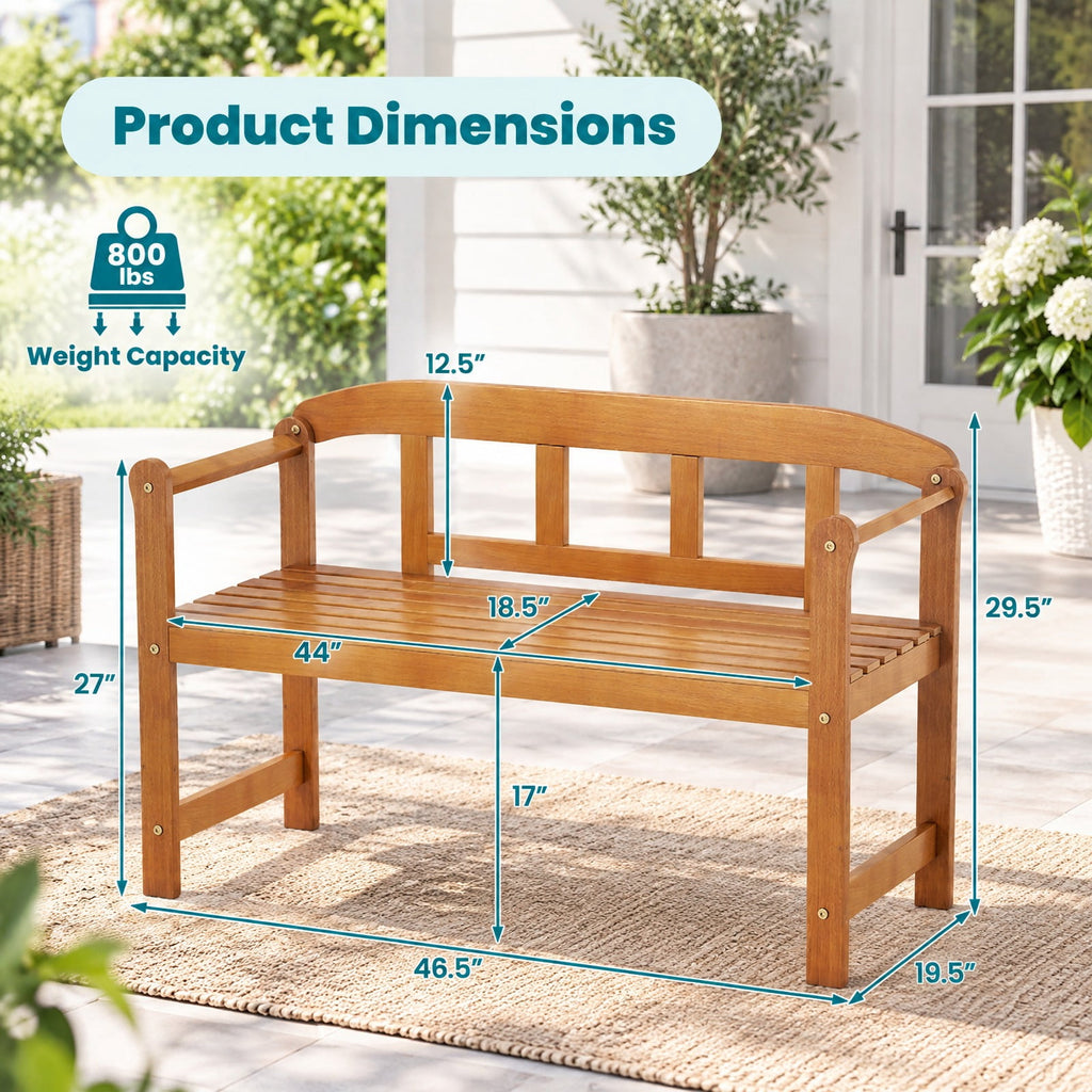 Airfind 2-Seater Outdoor Acacia Wood Garden Bench with Backrest Armrests, 800 lbs Capacity, Acacia Wood Frame, Wood