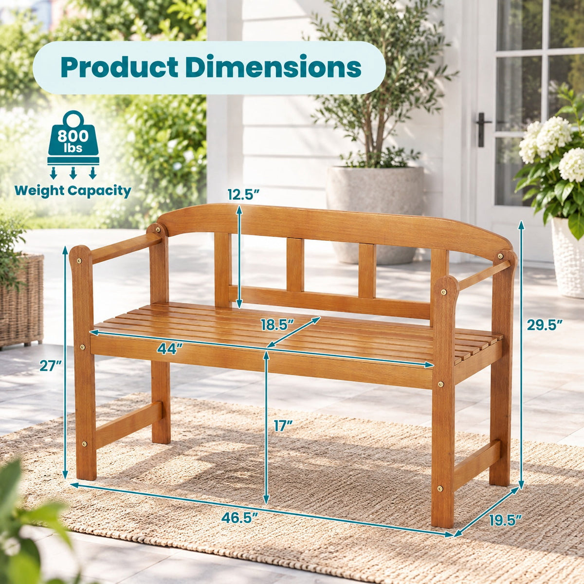 Airfind 2-Seater Outdoor Acacia Wood Garden Bench with Backrest Armrests, 800 lbs Capacity, Acacia Wood Frame, Wood