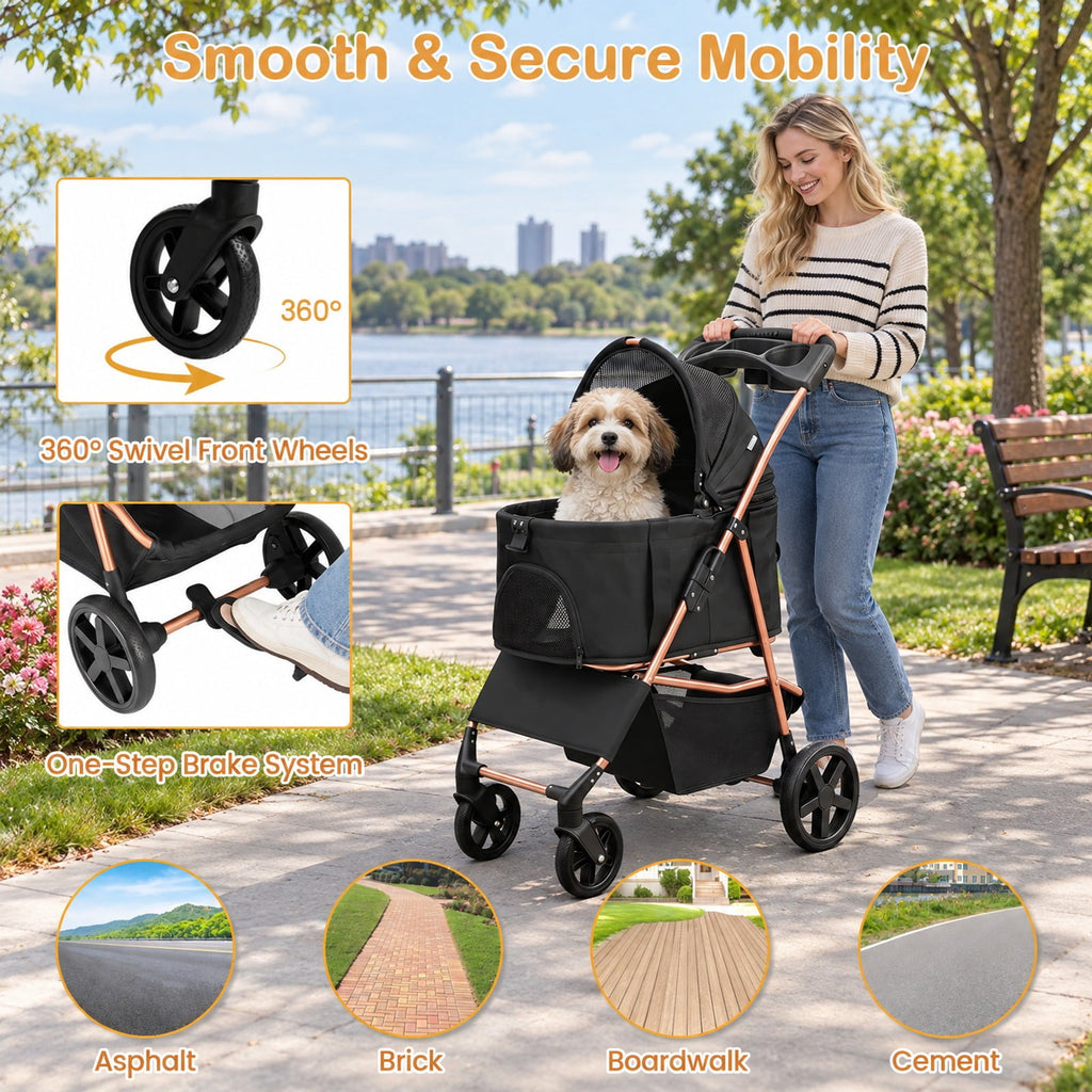 Airfind 3-in-1 Pet Stroller for Small Medium Dogs Foldable with Detachable Carrier, 26.5 lbs Capacity, 18.5in x 28.5in x 39.5in Footprint, Black