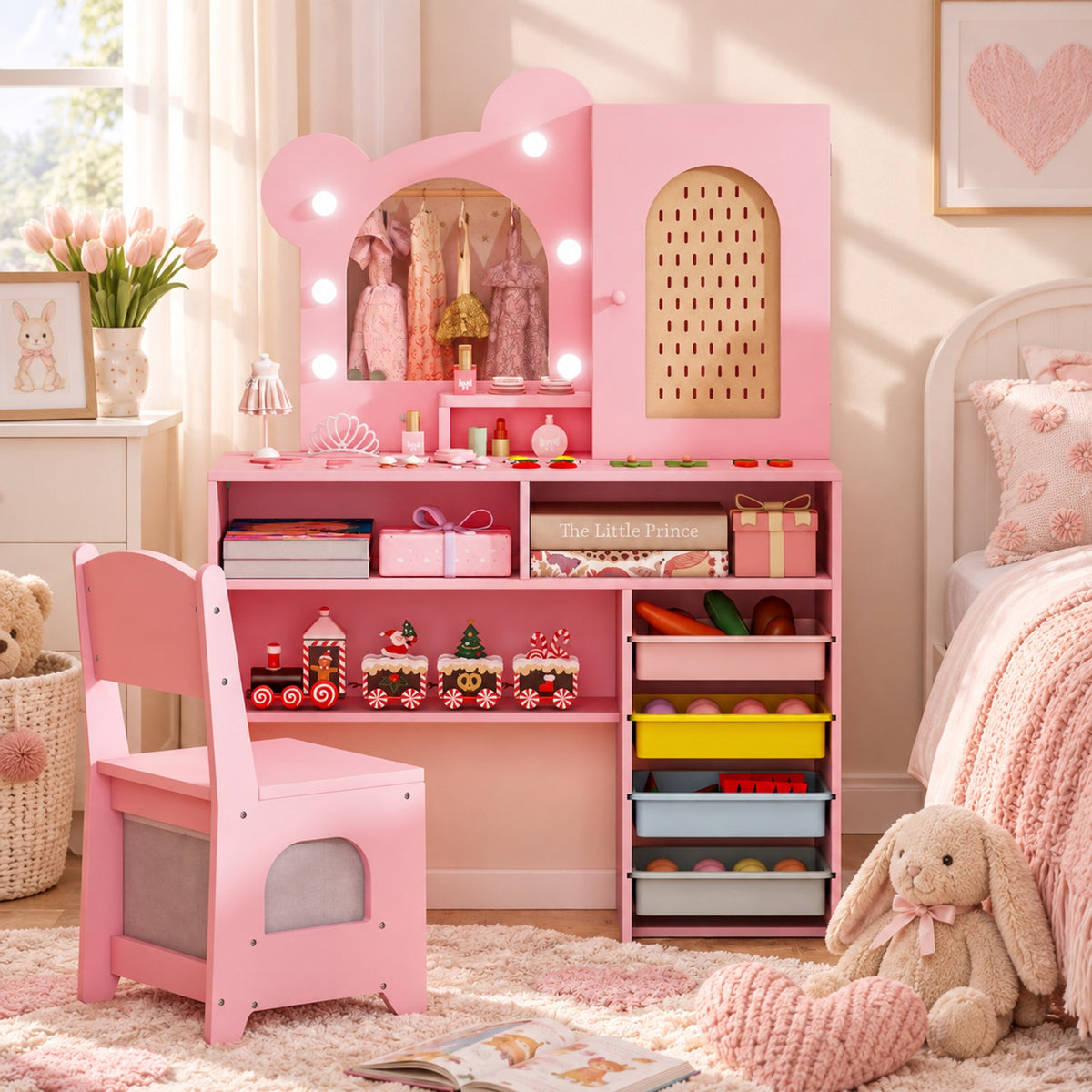 Airfind Kids Vanity with Lights and 5 Drawers for Kids Aged 3+ Years Old, 45 lbs Capacity, MDF Frame, for 3+ Years Old, Pink