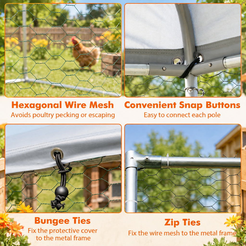 Airfind 13FT Large Metal Hexagonal Chicken Coop with Wire Mesh and Lockable Door, Galvanized Steel 210D Oxford Fabric Frame, Silver