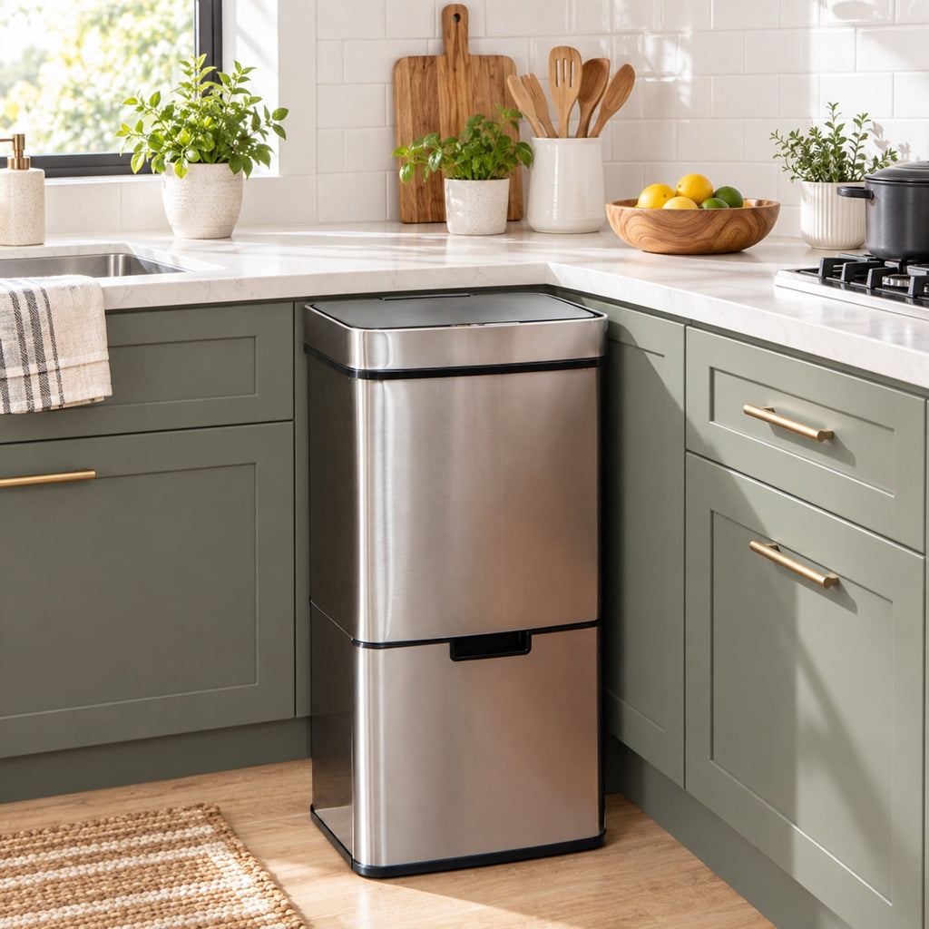 Airfind 19 Gal Stainless Steel Trash Can with Kitchen Waste Bin and 2 Bottom Recycling Bins, Stainless Steel ABS Frame, Silver