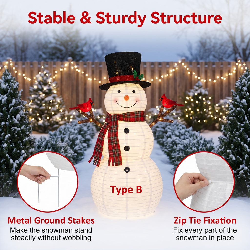 Airfind 4.2 Feet Lighted Snowman and Redbirds Christmas Decoration, Tinsel Fabric Metal Frame, 3.3 x 0.5 x 4.2 ft Footprint, Black+White+Red