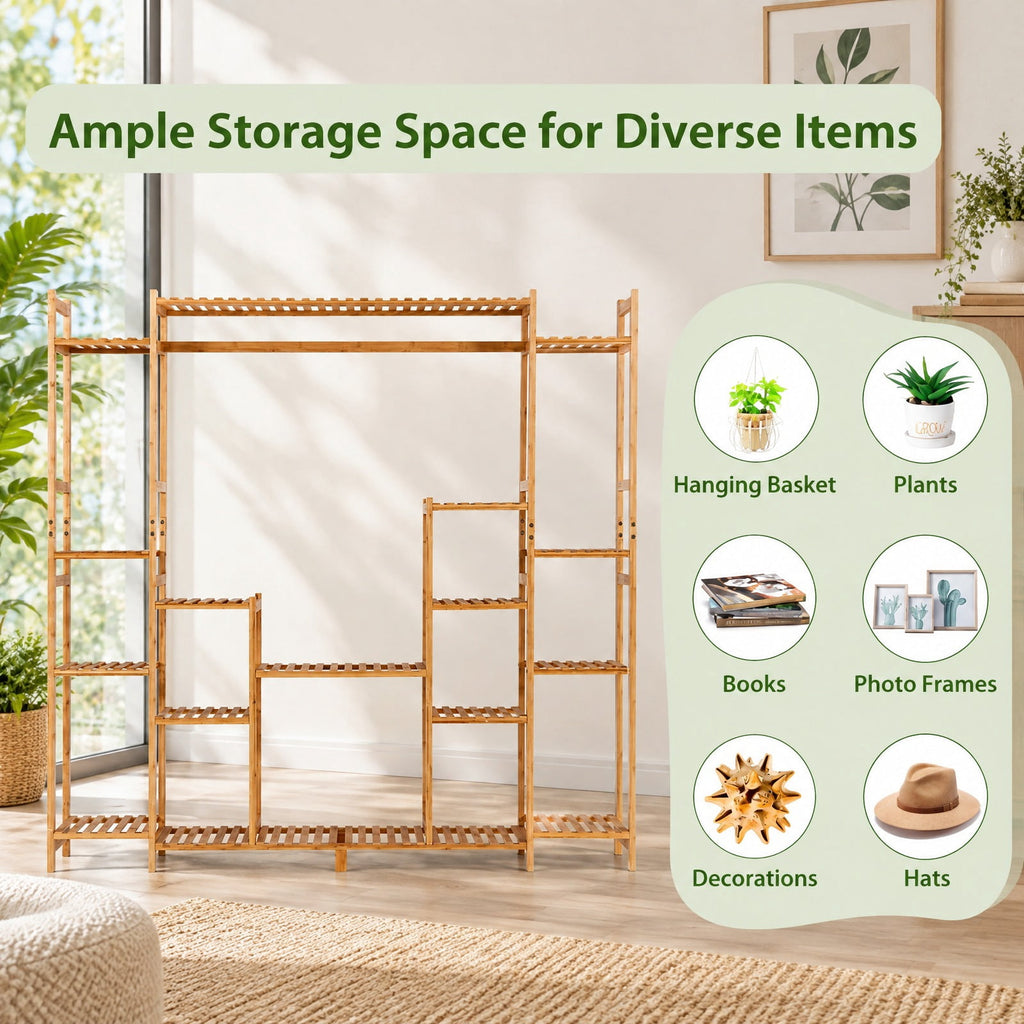 Airfind 9, Bamboo Frame, 66 X 12 X 65.5 (L x W x H) Load capacity of each shelf: 22 lbs Load capacity of hanging rack: 11-22 lbs Footprint