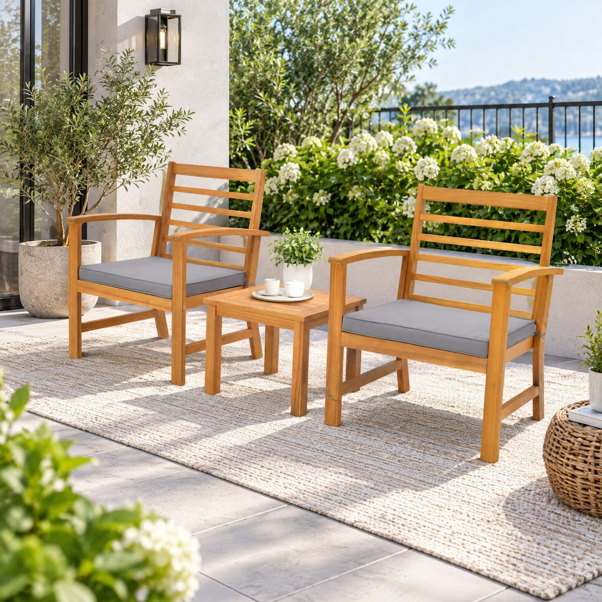 Airfind 3 Pieces Outdoor Furniture Set with Soft Seat Cushions, Chair 400 lbs Capacity, Acacia Wood Sponge Polyester Frame, Gray