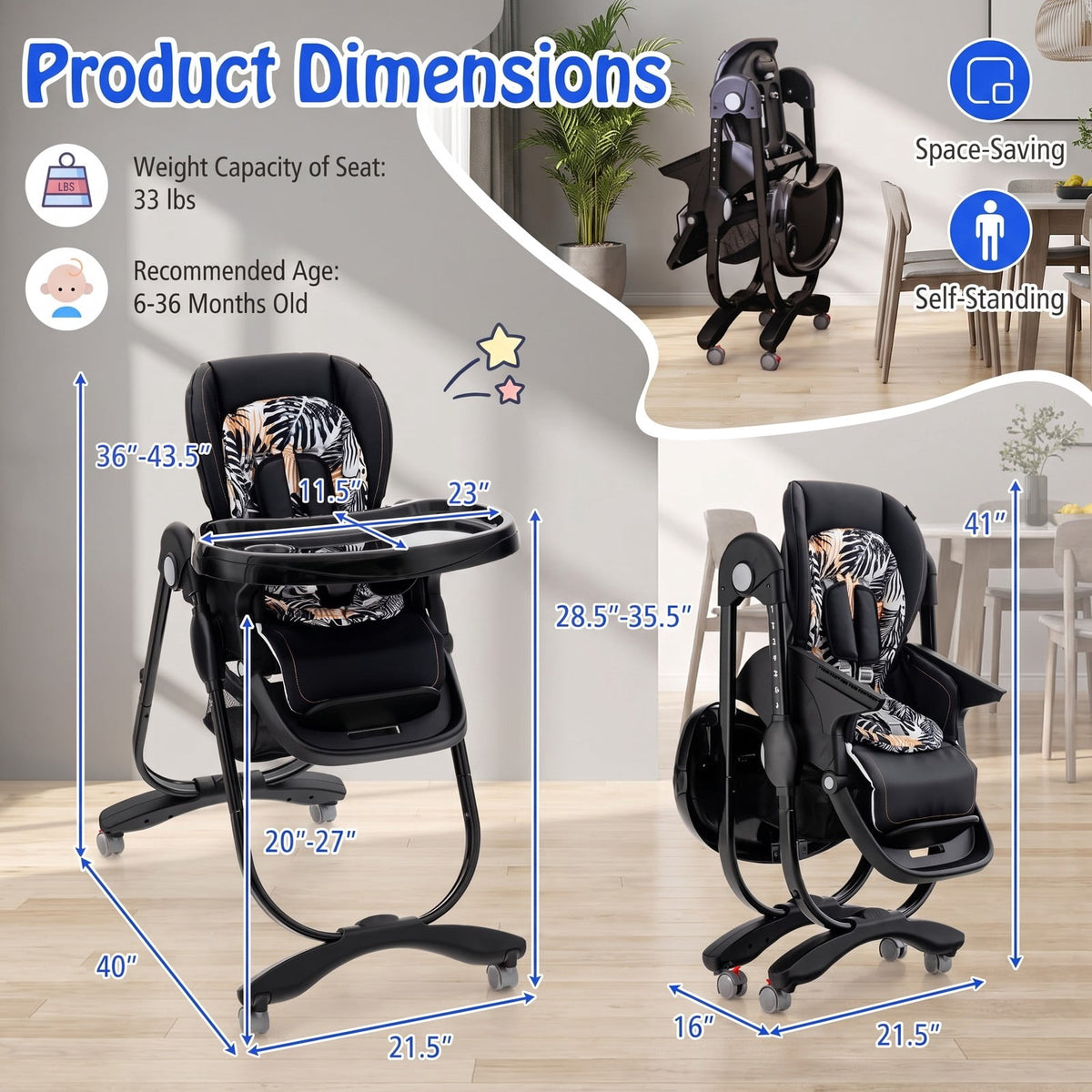 Airfind Multifunctional Folding Youth High Chair with Rolling Wheels and Adjustable Height, 33 lbs, PP Metal PU Construction, Unspecified