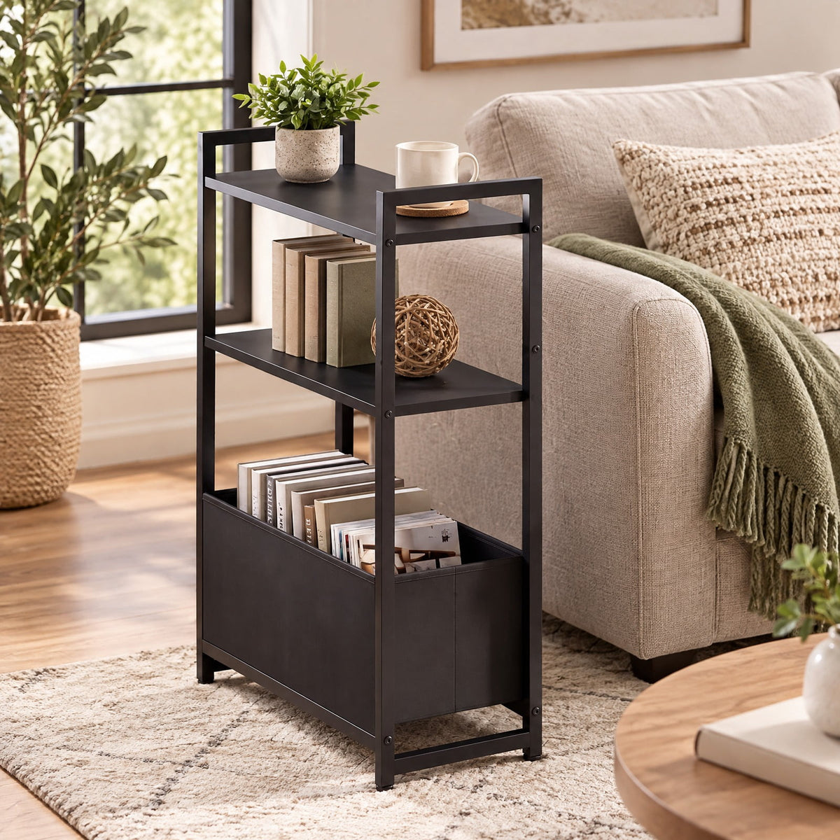 Airfind Narrow End Table with Storage Shelves and Metal Frame, 25 lbs Capacity, Engineered Wood Metal Fabric Frame, 19 x 8 x 25.5 Footprint
