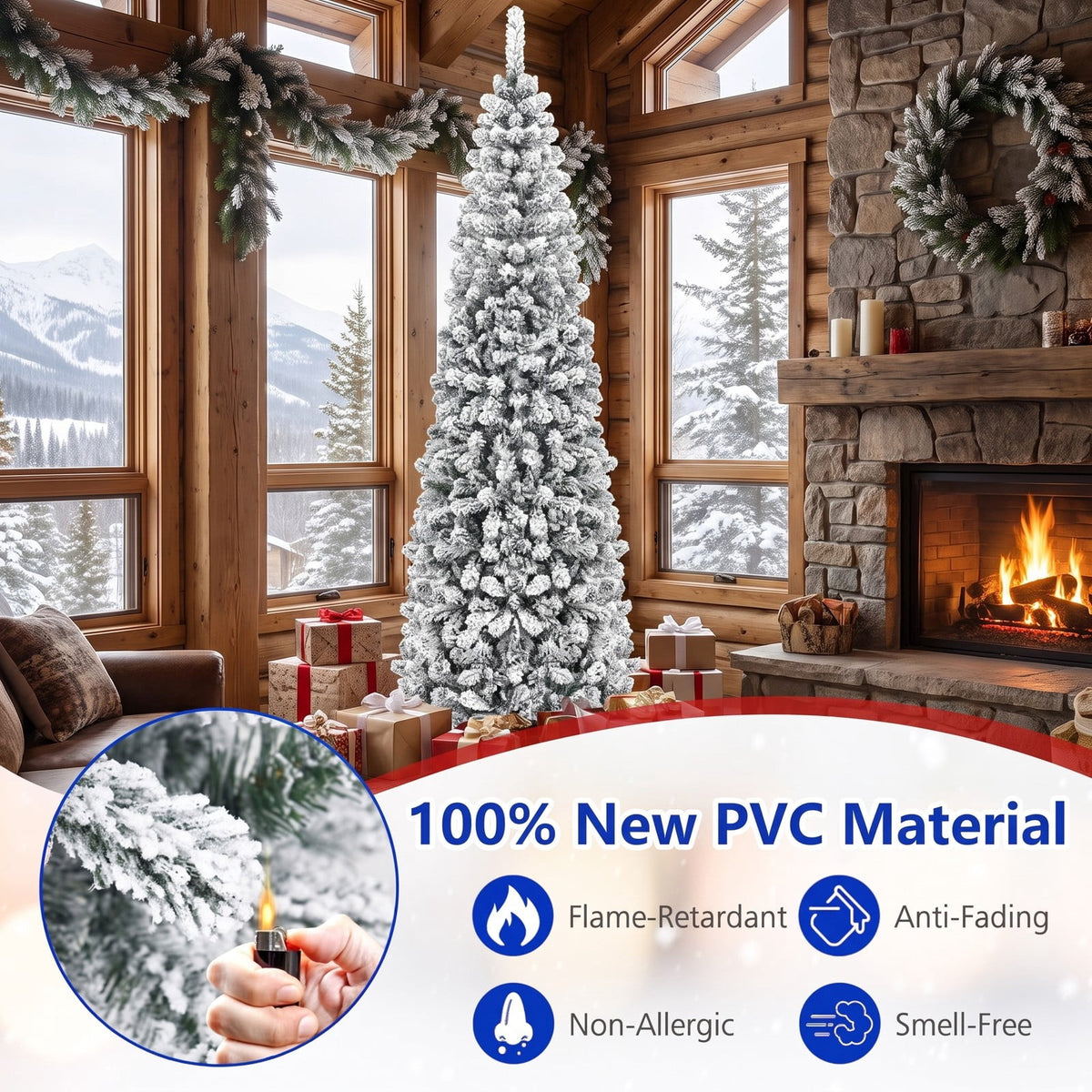 Airfind 7.5 Feet Unlit Hinged Snow Flocked Artificial Pencil Christmas Tree with 641 Tips, PVC Metal Tree Height 7.5 ft Tree Width 2.2 ft Frame