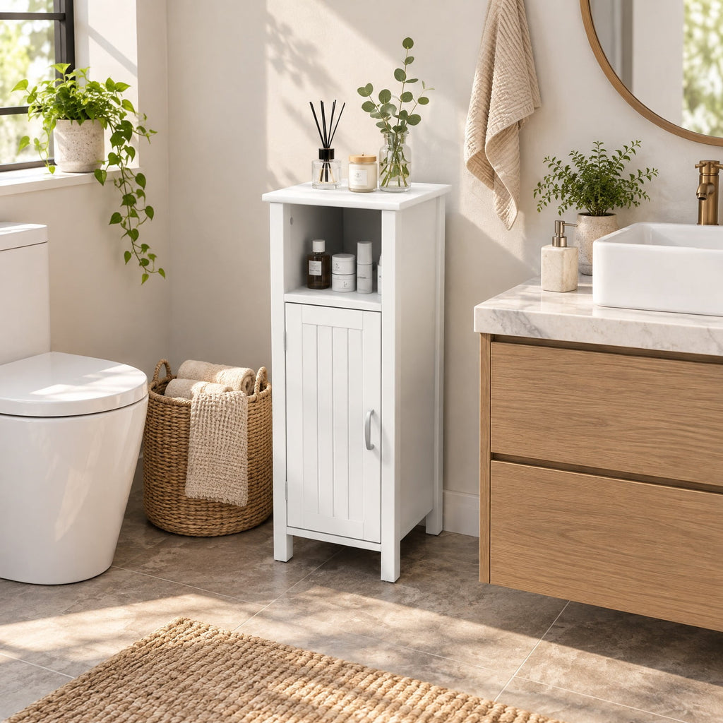 Airfind 1-Door Freestanding Bathroom Cabinet with Open Shelf, 66 lbs Capacity, MDF Frame, 12in x 12in x 31.5in Footprint, White