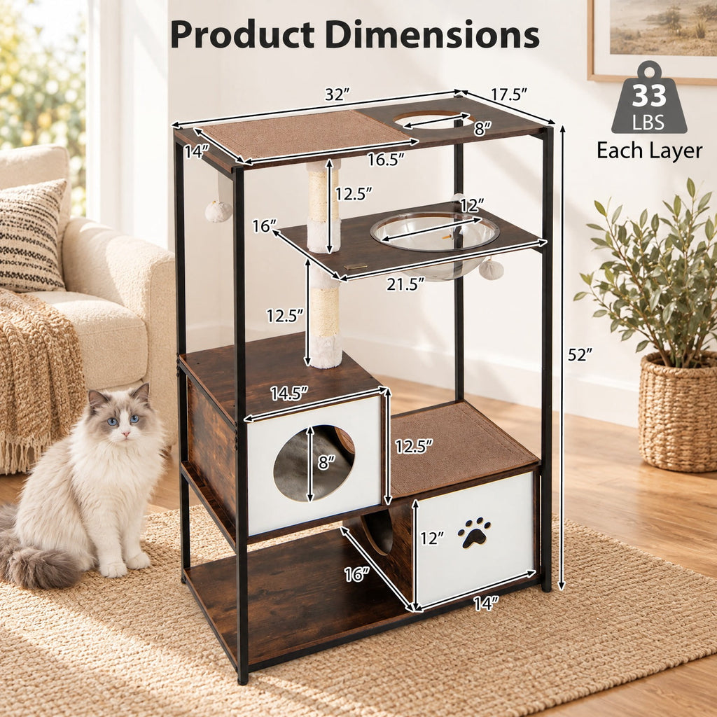 Airfind 52 Inch Tall Wooden Cat Tree Metal Frame with 2 Condos and Cushions, 33 lbs Capacity, 32 x 17.5 x 52 (L x W x H) Bottom Condo Footprint
