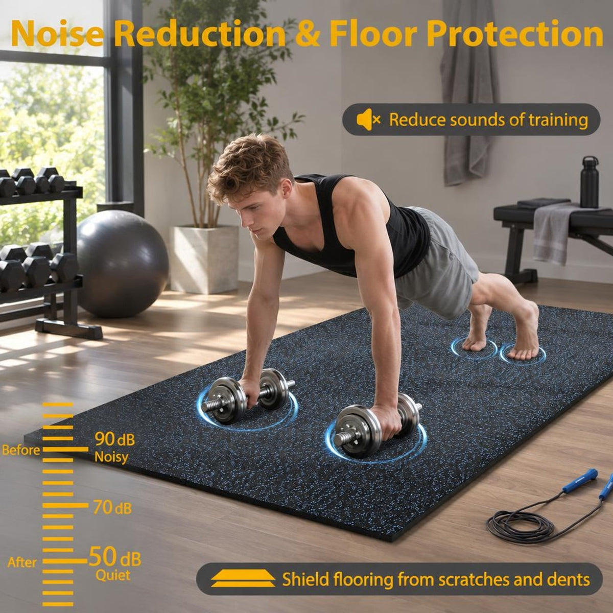Airfind 0.79 inch Thick Rubber Top Exercise Mat 48 Sq Ft with Boarders-Black Blue, Rubber PE Foam Frame, of 12 Tiles 6 x 8 ft Total Footprint
