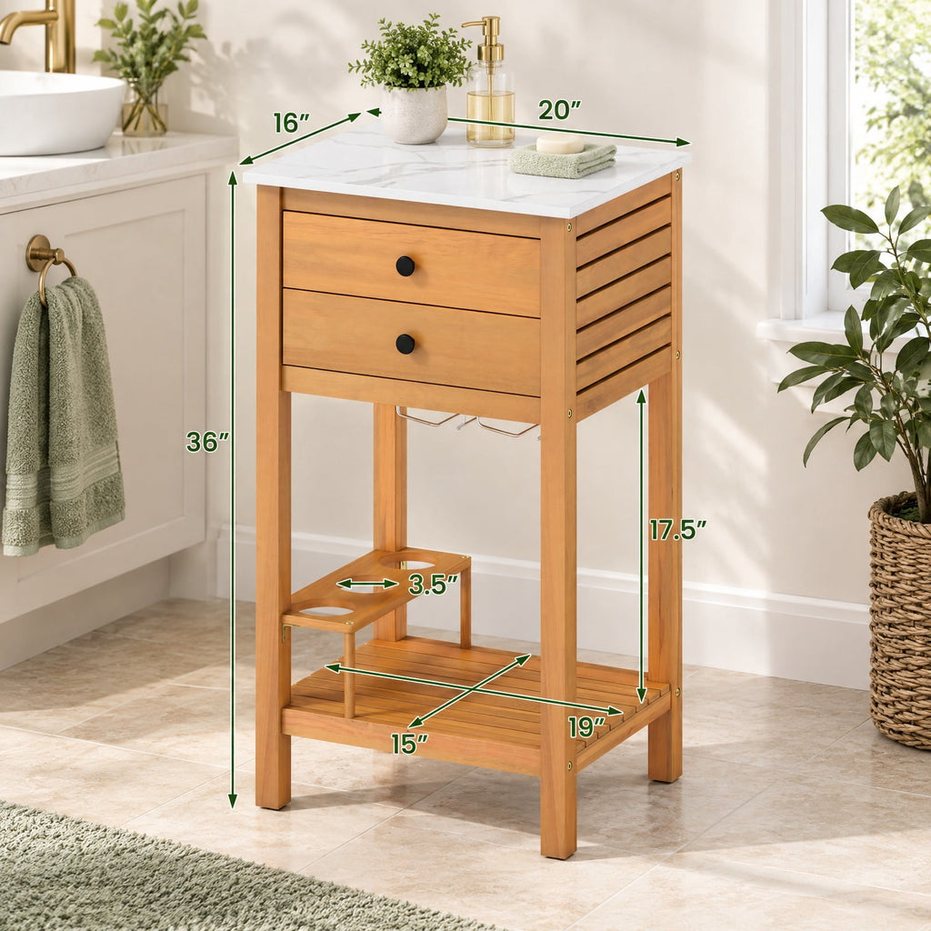 Airfind Patio Acacia Wood Storage Cabinet Patio Buffet Cabinet Bar Table with Faux Marble Countertop, 165 lbs Capacity, Acacia Wood Resin Frame