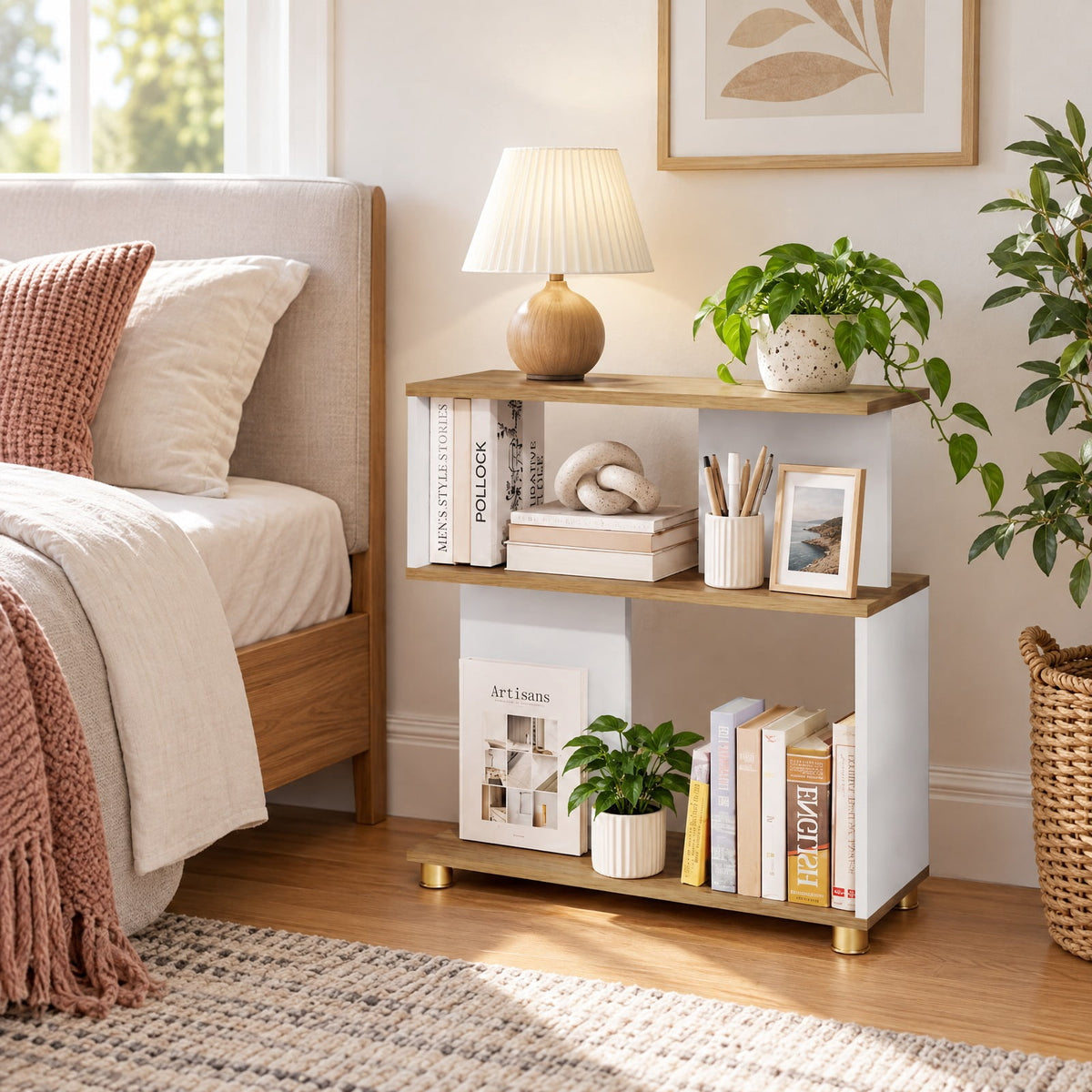 Airfind 3-Tier Modern S-shaped Bookshelf with Adjustable Feet, 135 lbs Capacity, Engineered Wood Frame, White