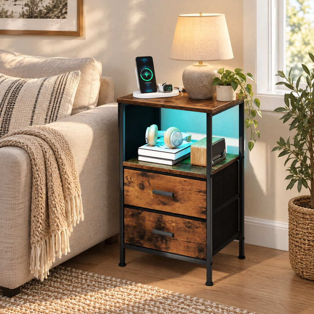 Airfind End Table with Charging Station Set of 2 Nightstand with 2 Folding Fabric Drawers, 110 lbs Capacity, Rustic Brown + Black