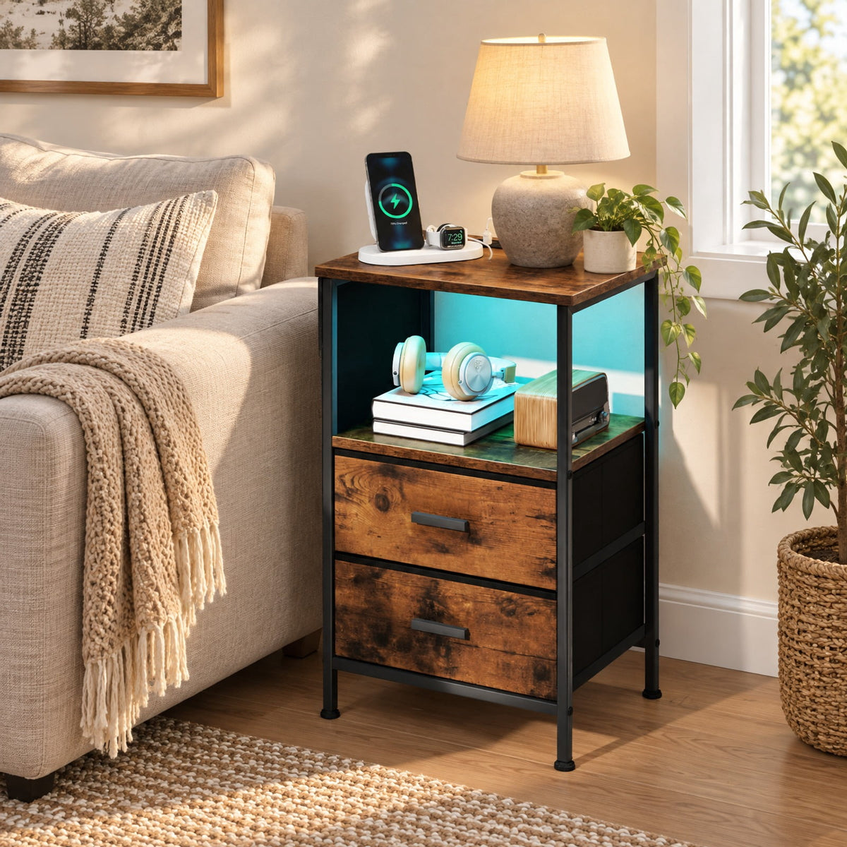 Airfind End Table with Charging Station Set of 2 Nightstand with 2 Folding Fabric Drawers, 110 lbs Capacity, Rustic Brown + Black