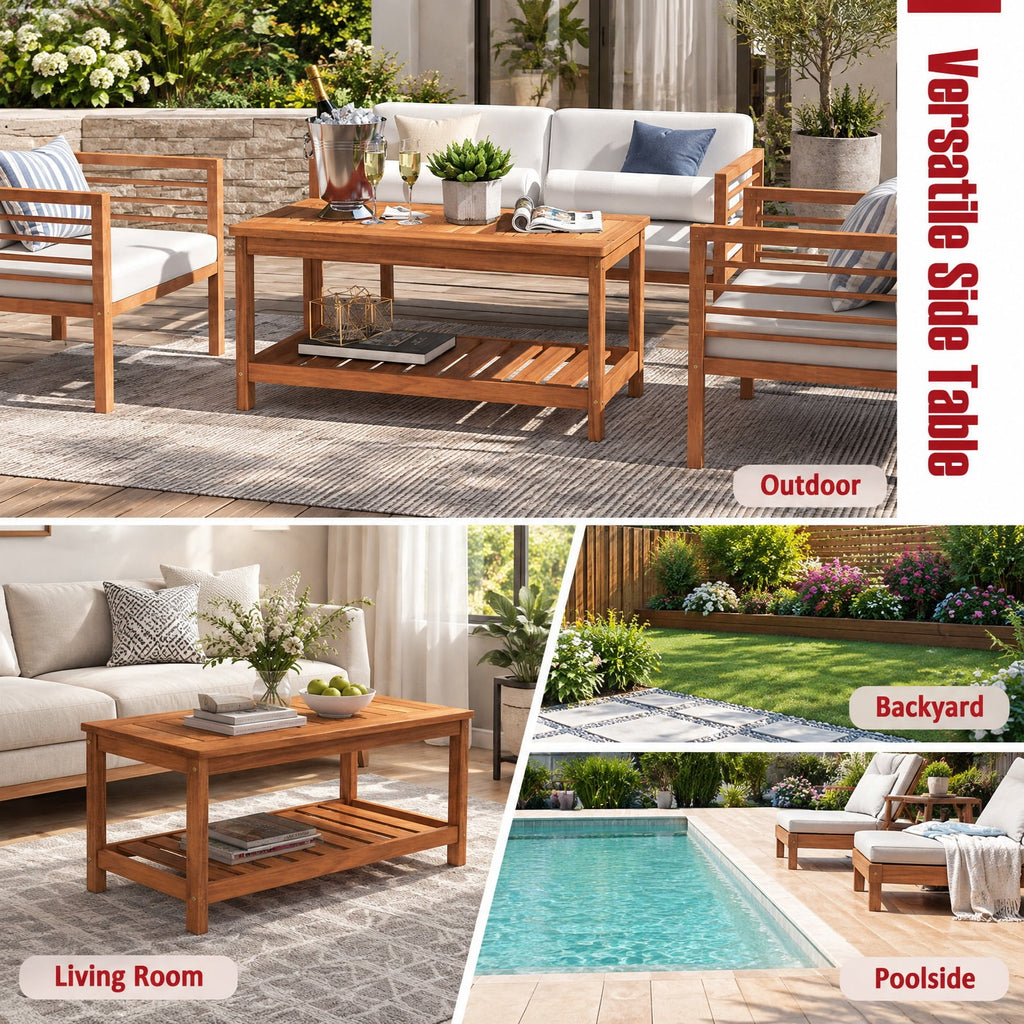 Airfind 2-Tier Patio Coffee Table with Slatted Tabletop and Shelf, 110 lbs Capacity, Hardwood Frame, 35.5 Inch x 18 Inch x 17.5 Inch Footprint, Natural