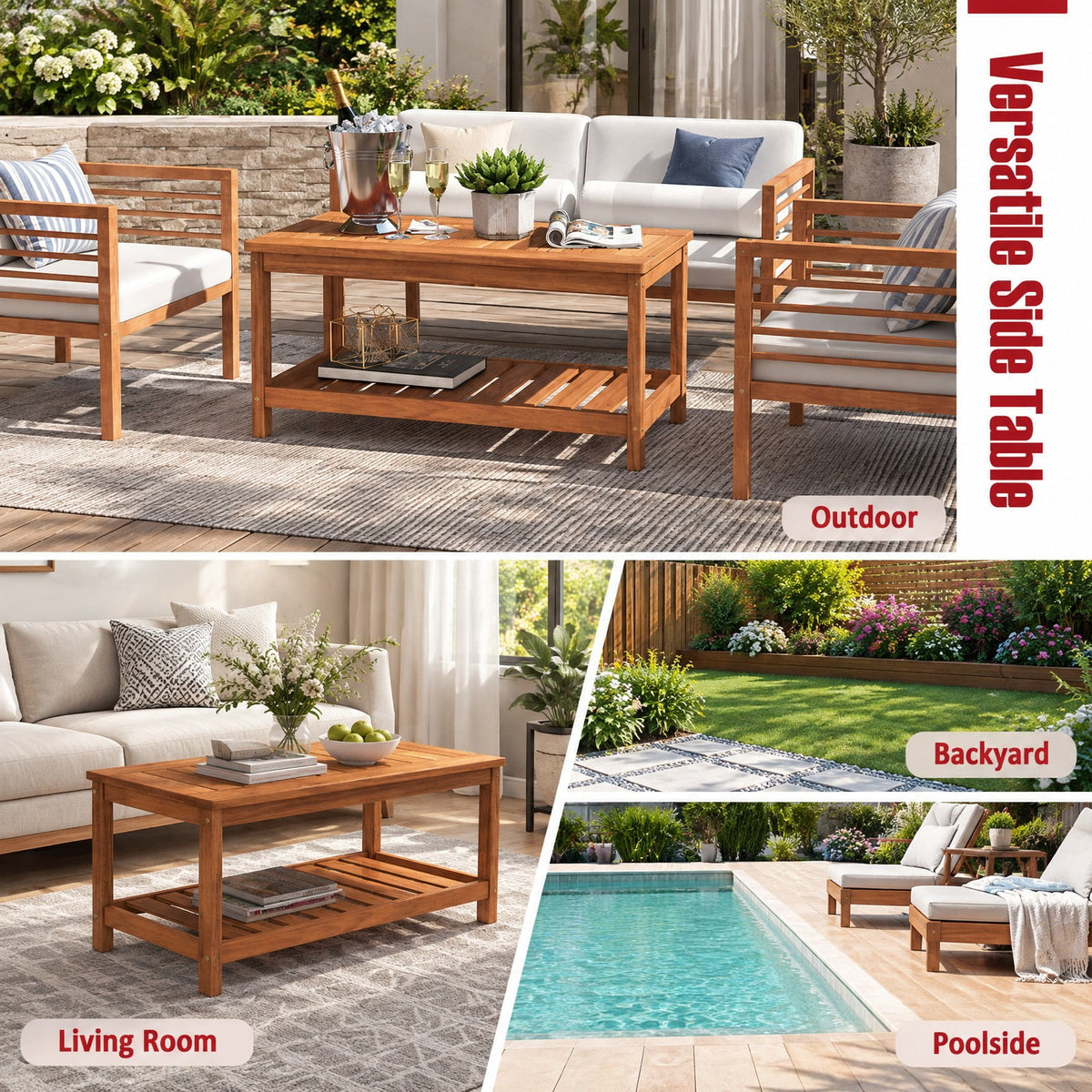 Airfind 2-Tier Patio Coffee Table with Slatted Tabletop and Shelf, 110 lbs Capacity, Hardwood Frame, 35.5 Inch x 18 Inch x 17.5 Inch Footprint, Natural