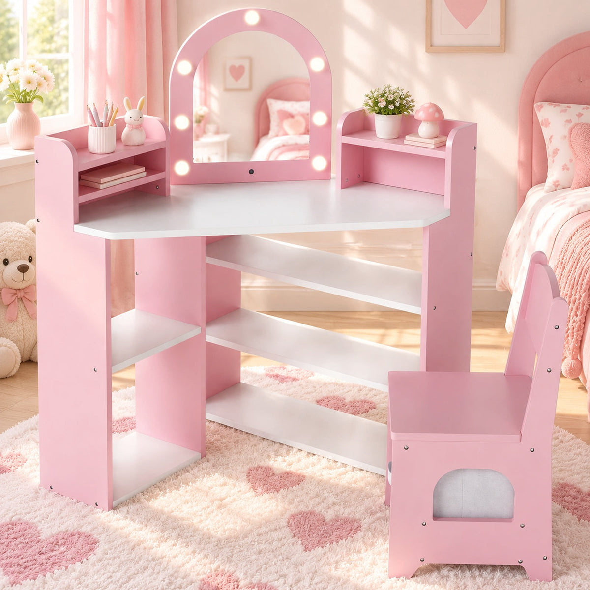 Airfind 2-In-1 Kids Vanity Set with Lights for Toddlers 3+ Years Old, 45 lbs Capacity, MDF Non-woven Fabric Frame, 37 x 24 x 39.5 Footprint, Pink