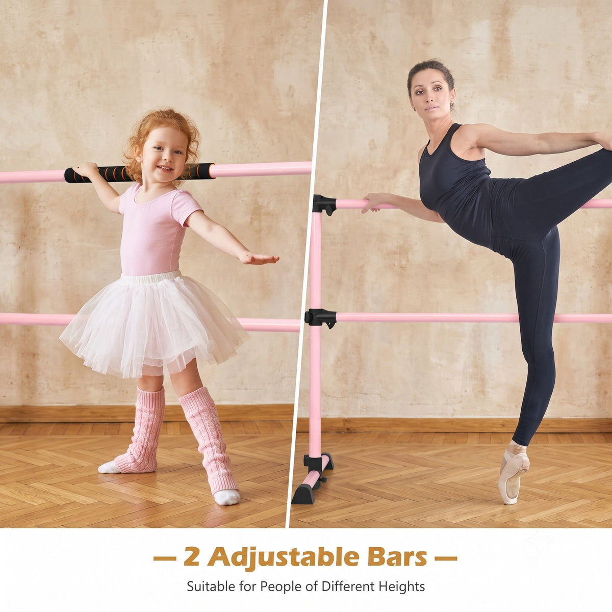 Airfind 4 Feet Portable Ballet Barre Freestanding Double Dance Barre with Adjustable Height for Home Studio and School, Pink