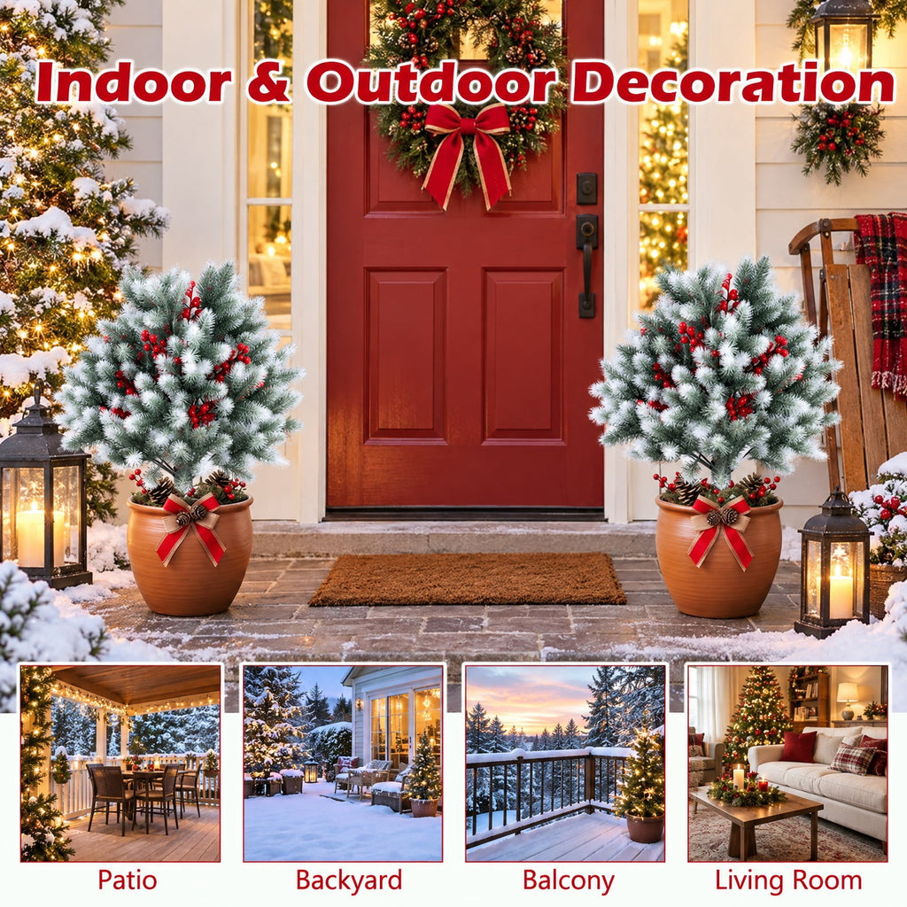 Airfind Set of 2 Artificial Cedar Topiary with Ground Spikes for Porch Patio Winter Decoration, PP PE Frame, Green White Red