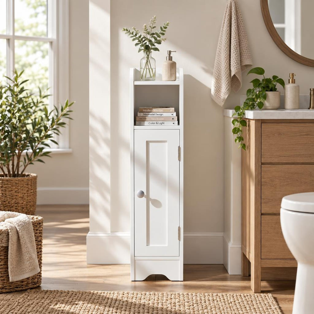 Airfind Slim Bathroom Cabinet Corner with 1 Door and Adjustable Shelves, 22 lbs Capacity, Engineered Wood Frame, 7.5in x 7in x 31.5in Footprint, White