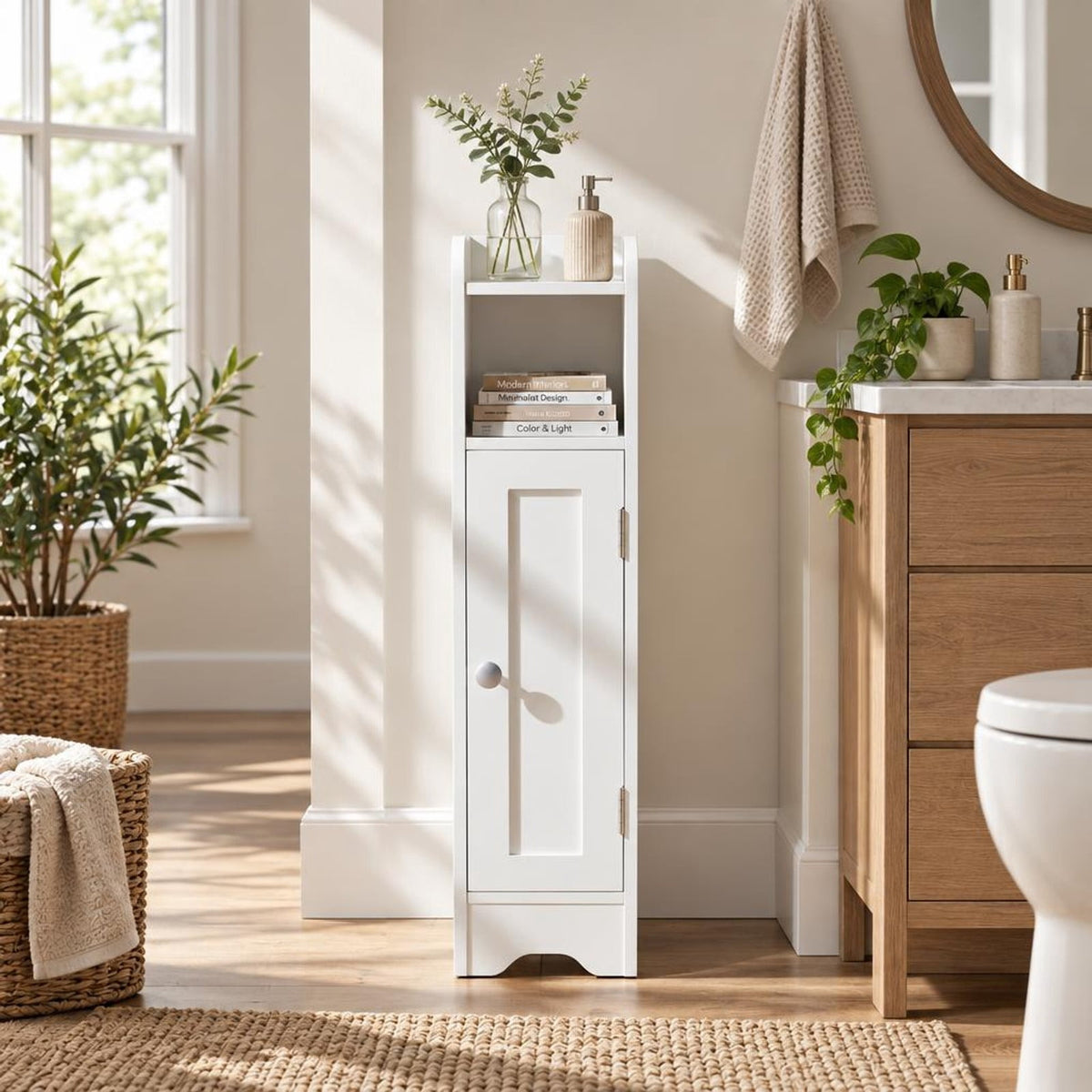 Airfind Slim Bathroom Cabinet Corner with 1 Door and Adjustable Shelves, 22 lbs Capacity, Engineered Wood Frame, 7.5in x 7in x 31.5in Footprint, White