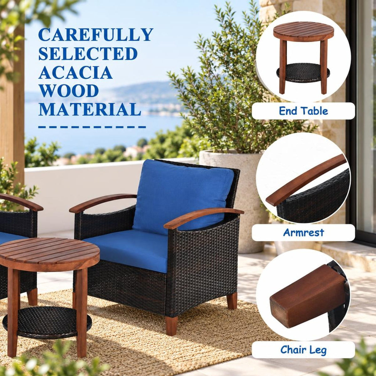 Airfind 3 Pieces Patio Rattan Furniture Set with Washable Cushion and Acacia Wood Tabletop, 360 lbs Capacity, 26 x 27.5 x 31 Footprint, Blue