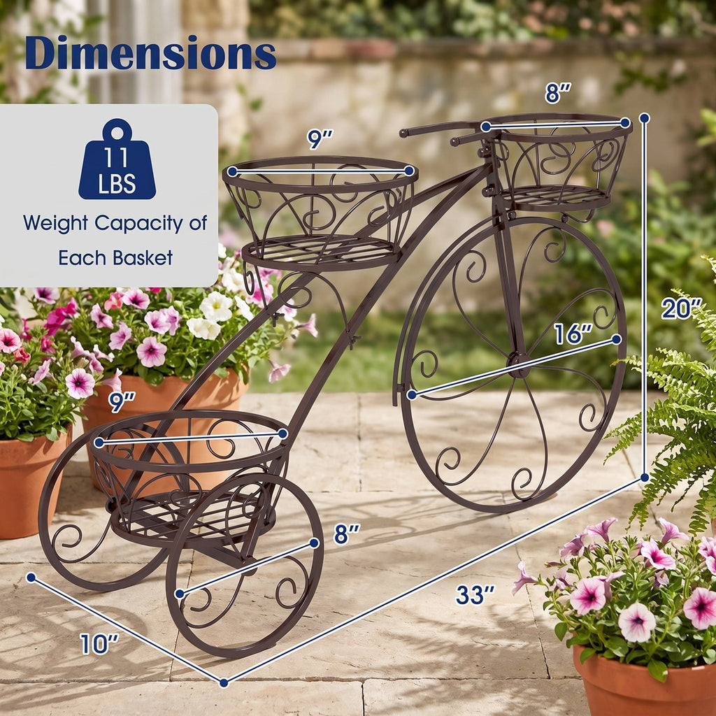 Airfind Tricycle Plant Stand Flower Pot Cart Holder with 3 Hollowed Baskets, Basket 11 LBS Capacity, Metal Frame, 33 x 10 x 20 Footprint, Bronze