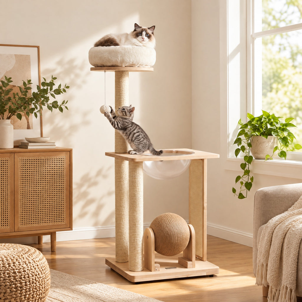Airfind 40 Inch Solid Wood Cat Tree featuring Space Capsule and Sisal Posts and Scratching Board, 23.5 Inch x 21 Inch x 40 InchBase Footprint, Natural