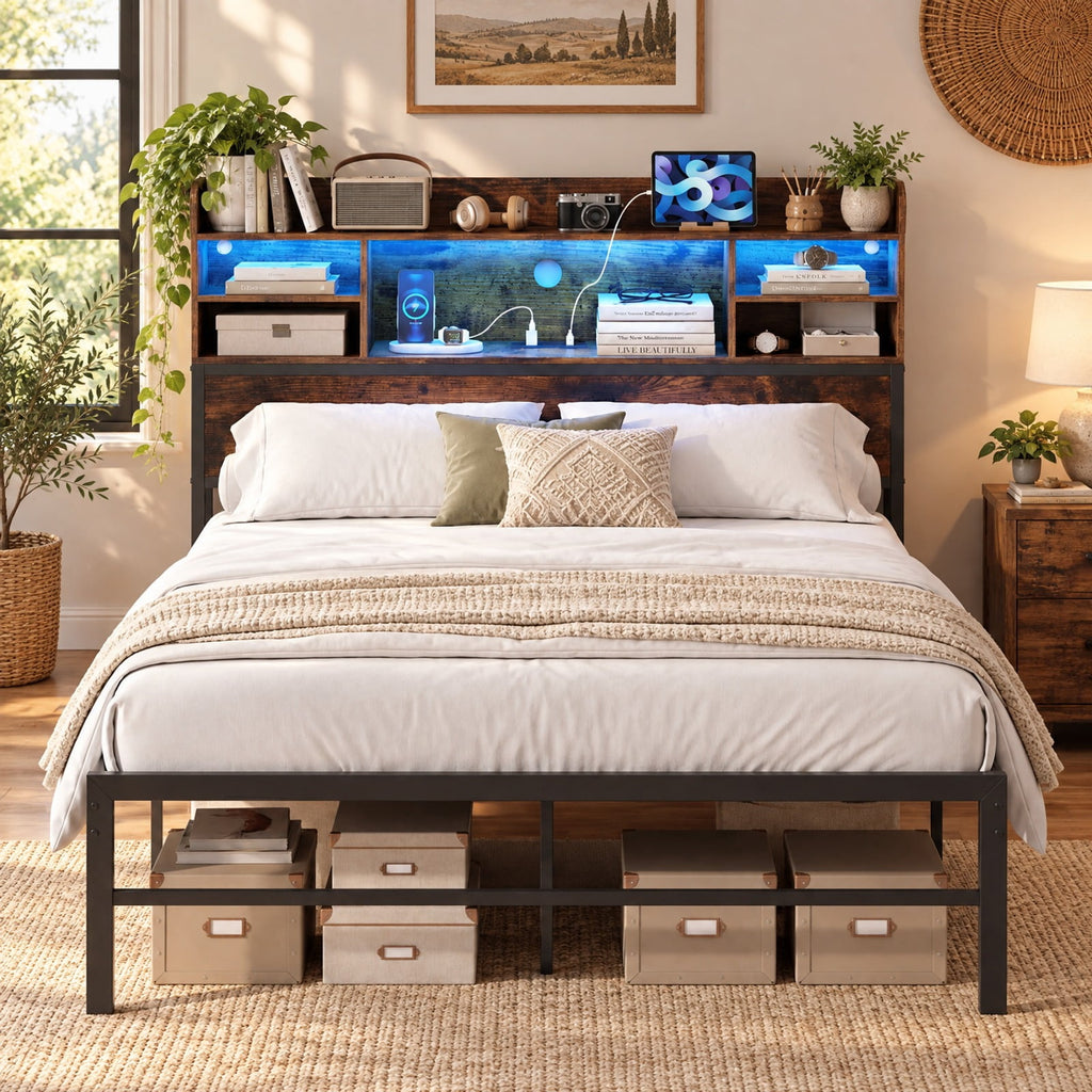 Airfind Full Size Bed Frame with Headboard LED Lights and Charging Station, 660 lbs Capacity, Metal Engineered Wood MDF Frame, Brown