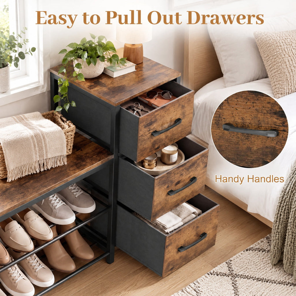 Airfind 3-Tier Industrial Shoe Bench with 3 Removable Fabric Drawers and Anti-toppling Kits, 209 lbs Capacity, Engineered Wood Frame, Brown