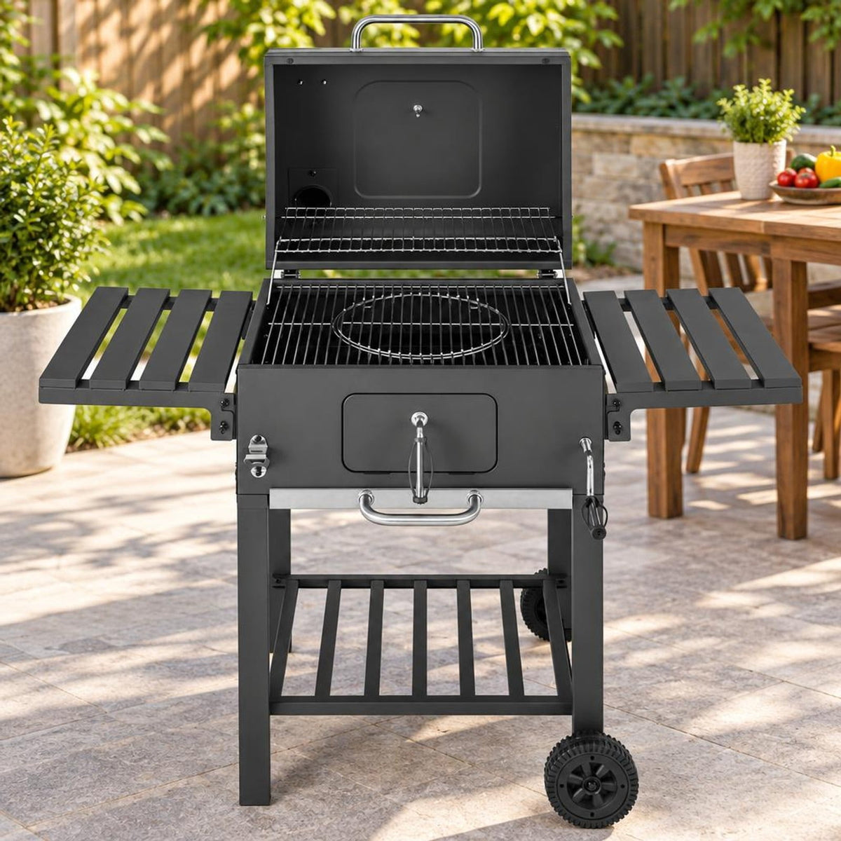 Airfind Outdoor BBQ Charcoal Grill with 2 Foldable Side Table and Wheels, Steel PP Frame, 50.5 Inch x 21 Inch x 46 Inch Footprint, Black