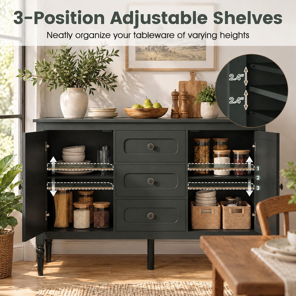 Airfind 47 Inch Vintage Buffet Cabinet with 3 Drawers 2 Cabinets and Adjustable Shelves for Dining Room, 110 Lbs Capacity, 47 Inch X 15.5 Inch X 31.5 Inch, Green