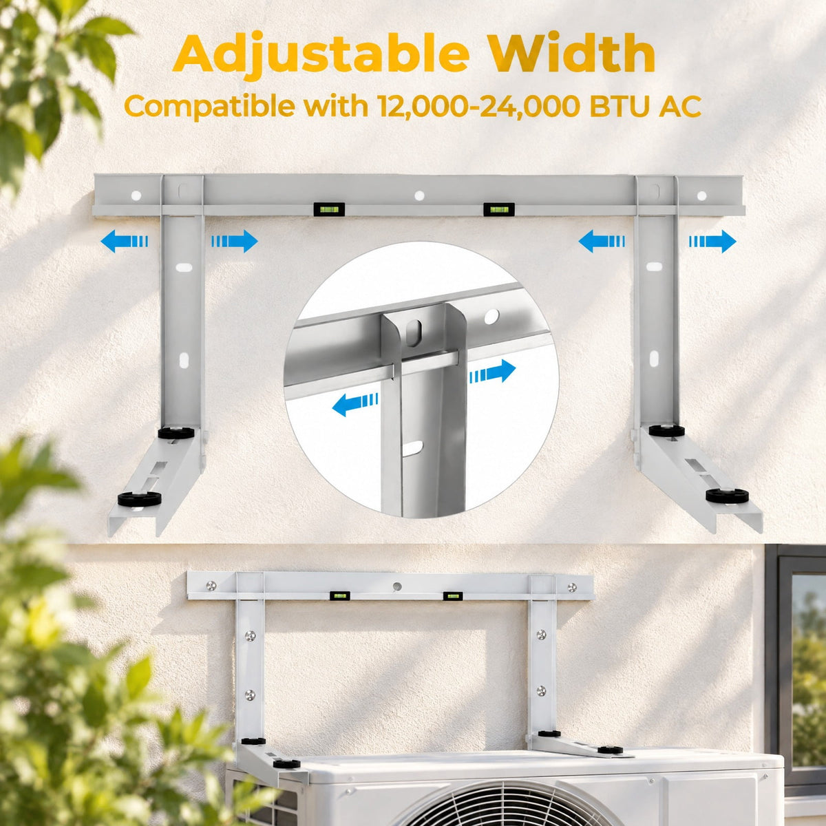 Airfind Mini Split Wall Mounting Bracket for 12000, 24000 BTU Universal Ductless AC, Adjustable rubber pads ensure a secure and level setup