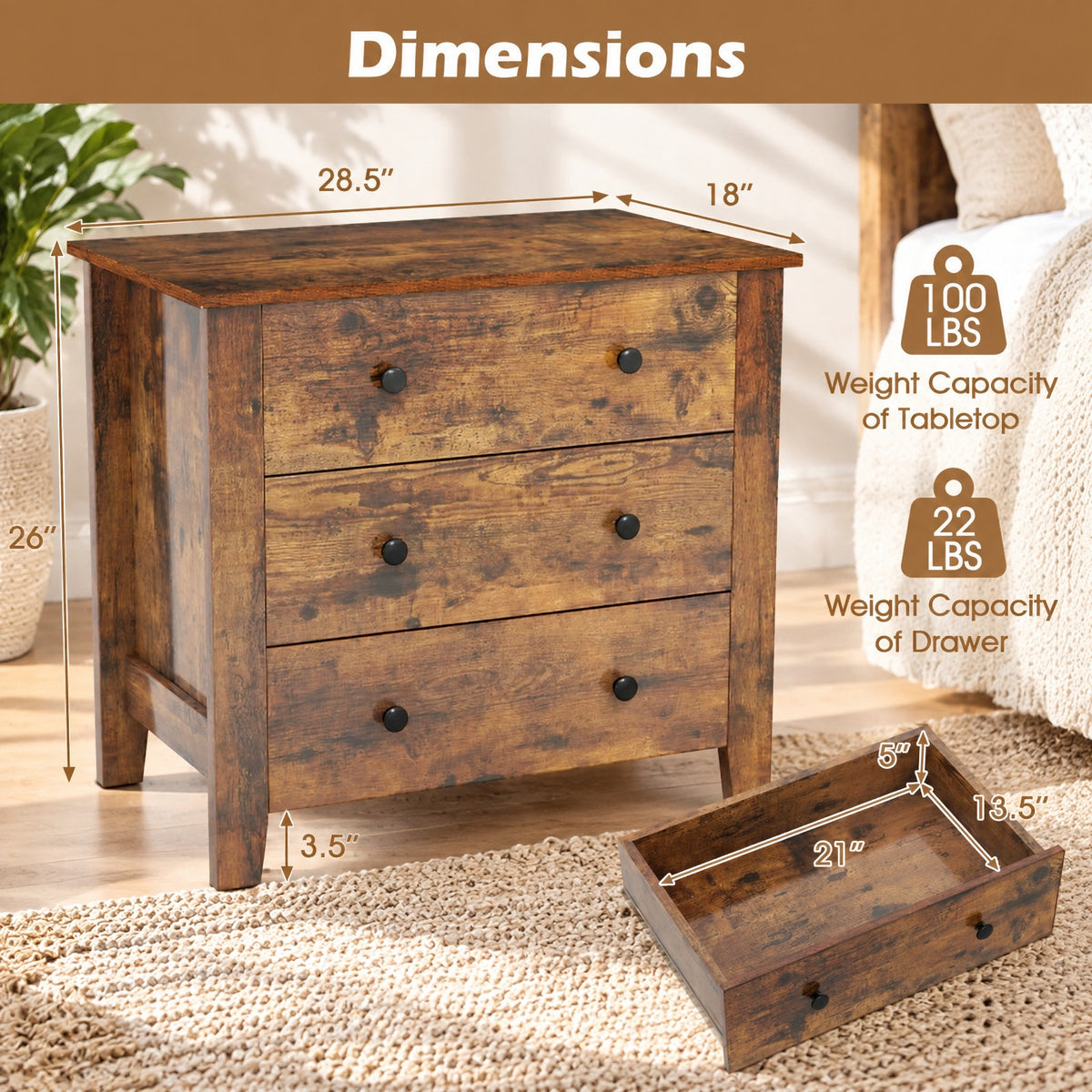 Airfind 3 Drawer Dresser Chest of Drawers Bedside Table, MDF Frame, 28in x 18in x 26in Footprint, Brown