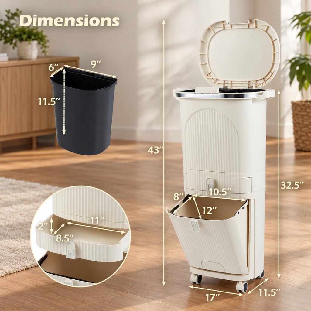Airfind 11 Gallon 3-Layer Kitchen Trash Can with Lid and 2 Removable Buckets, PP Frame, 17in x 11.5in x 32.5in Overall Height (Open) 43in Footprint