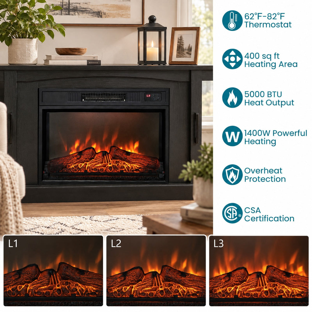 Airfind Fireplace TV Stand for TVs Up to 65 Inch with Side Cabinets and Remote Control, 66 lbs Capacity, Engineered wood Frame, Black