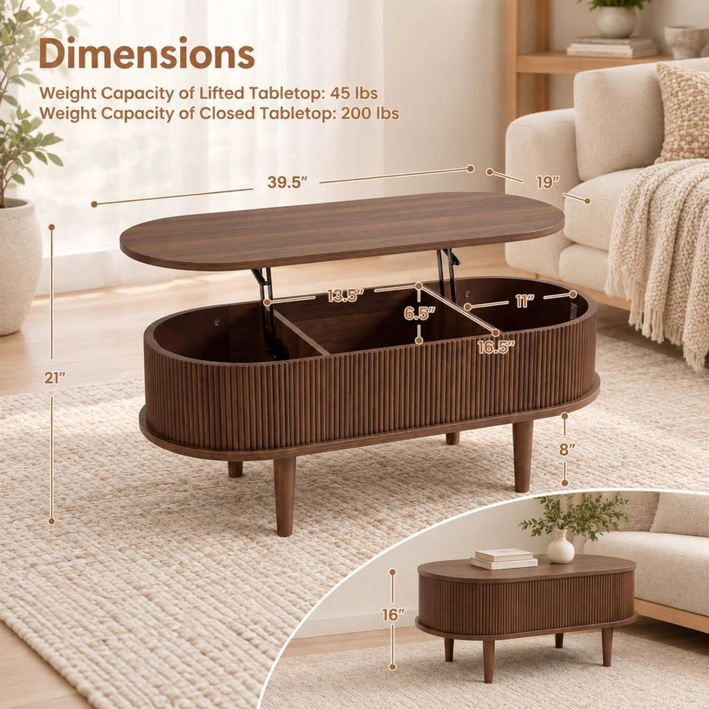 Airfind 43.5 Inch Oval Lift Top Coffee Table with Storage and Fluted Design for Living Room, 200 lbs Capacity, Engineered Wood Solid Wood Frame, Walnut