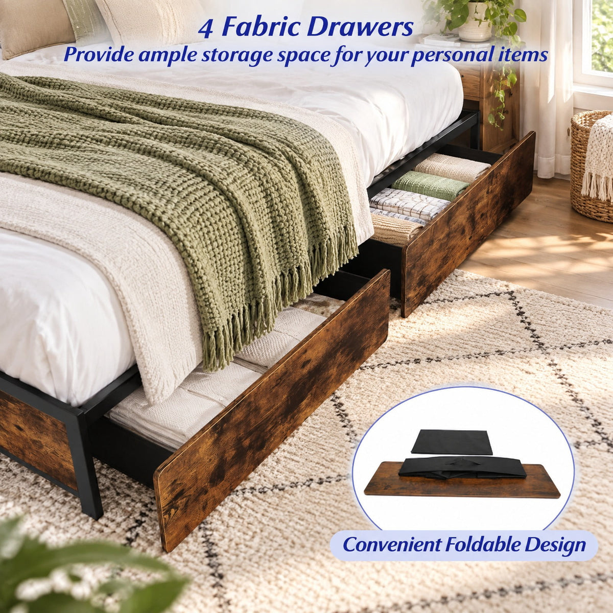 Airfind Full/Queen Size LED Bed Frame with Charging Station and 4 Storage Drawers, 81 Inch x 56 Inch x 40 Inch Inner Footprint