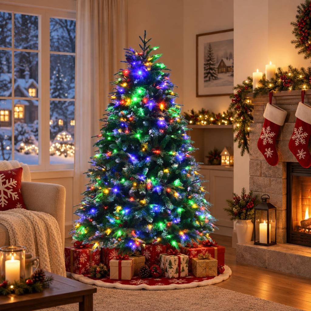 Airfind Pre-Lit Snowy Christmas Hinged Tree with Flash Modes and Multi-Color Lights-5 ft, PE PVC iron Height: 5 ft Base: 3.3 ft Frame, Green